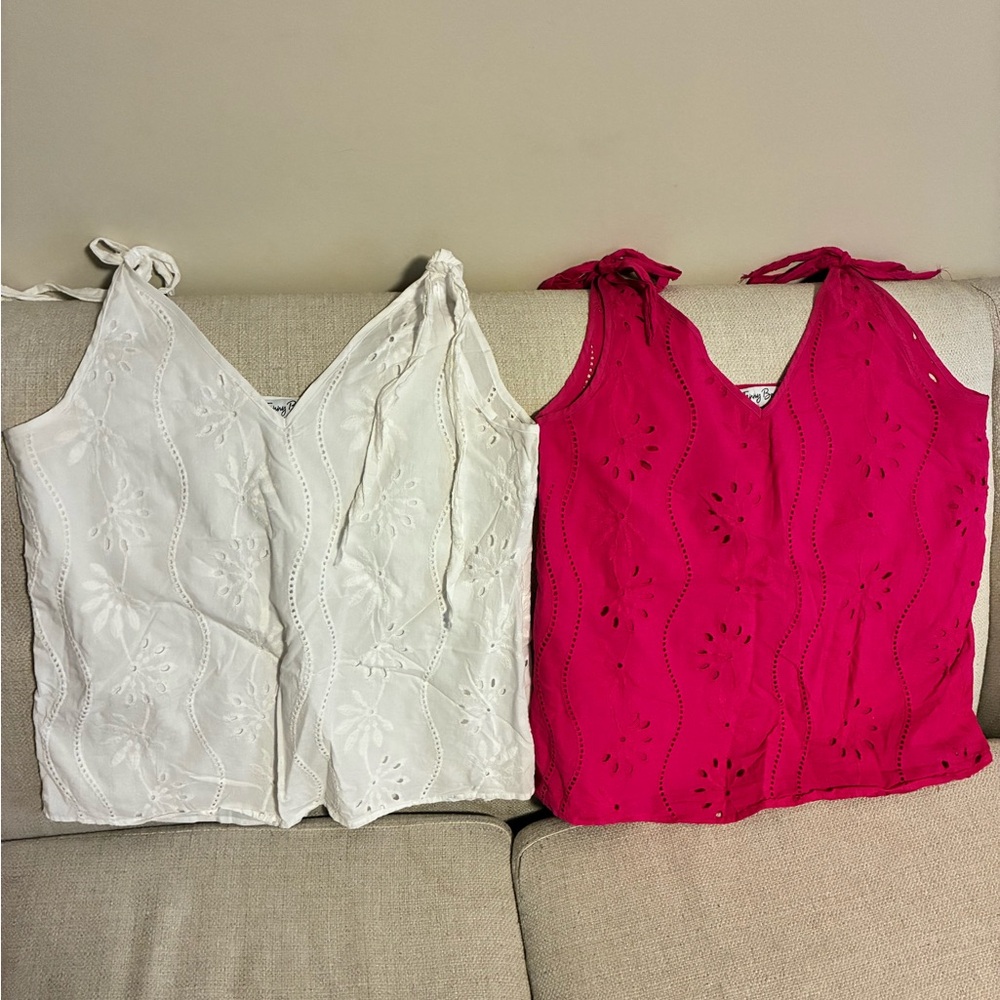 Women's Sleeveless Eyelet Tops - White and Pink